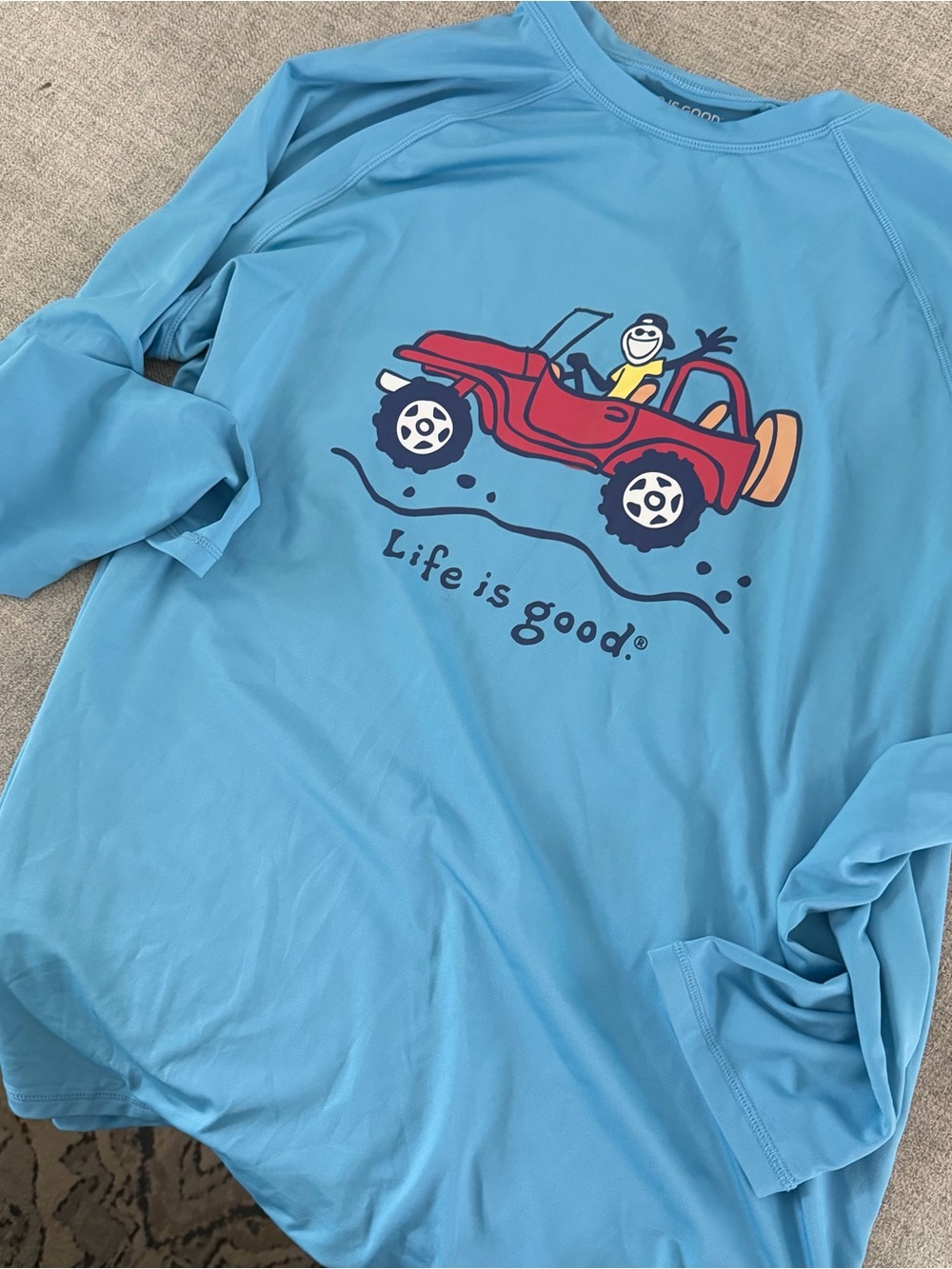 Life Is Good Men's Light Blue Rash Guard with Red Jeep Graphic
